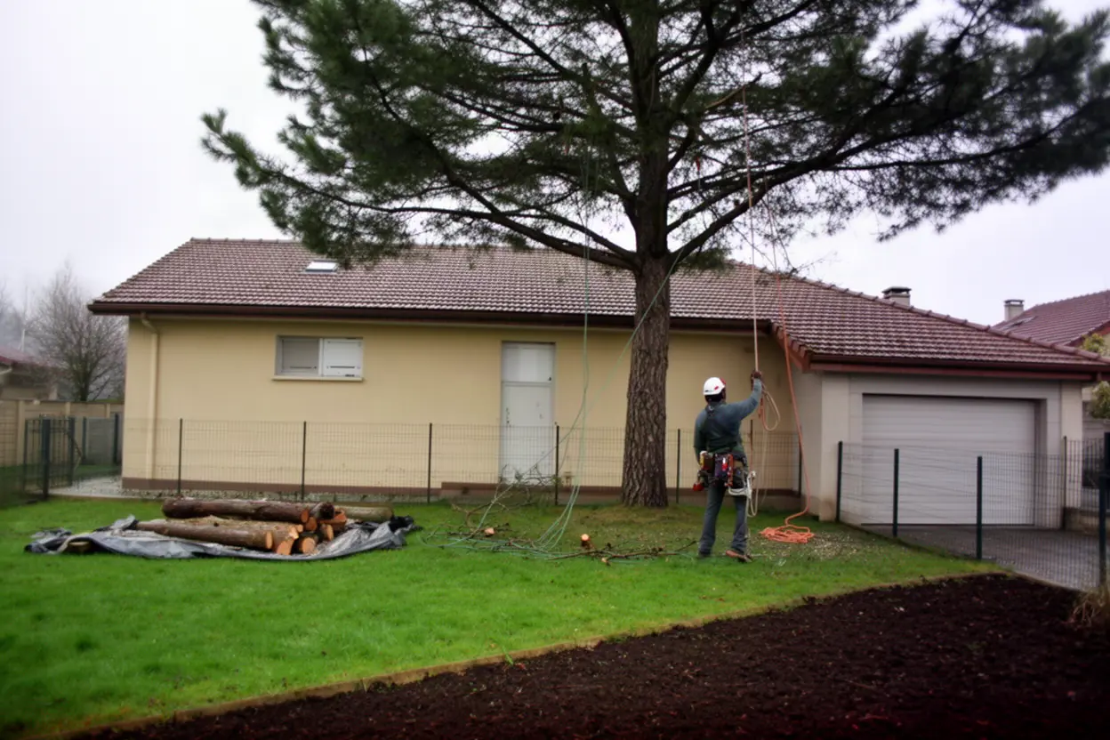 Abattage contrôlé d'un arbre près d'une maison à Idron