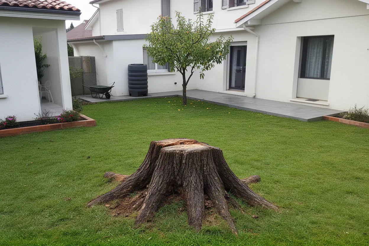 Souche de cèdre avant rognage dans jardin à Pau
