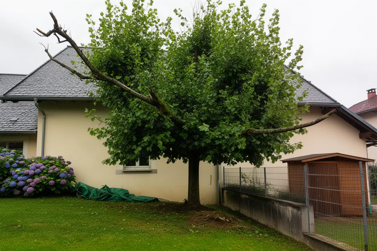 Tilleul déséquilibré avant élagage près d'une clôture