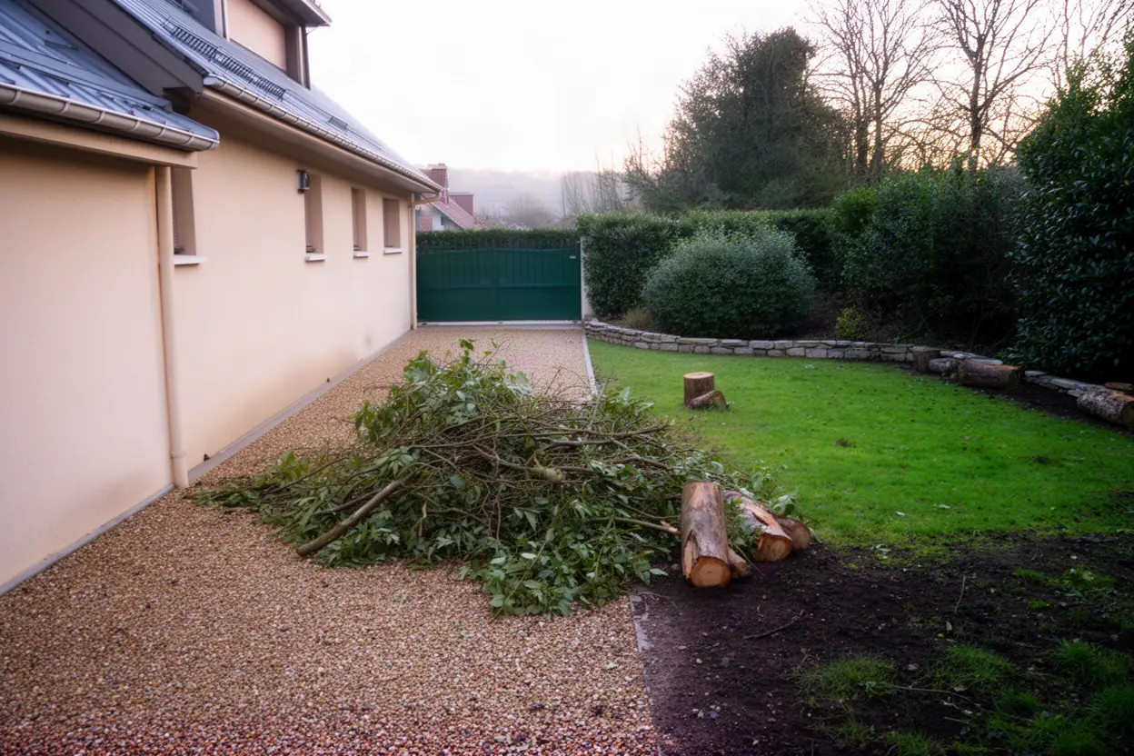 Tas de branches avant broyage dans un jardin à Idron