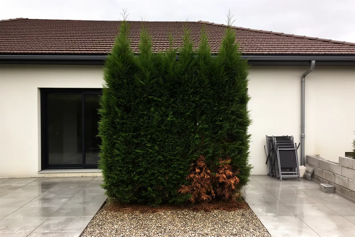 Haie de thuyas irrégulière avant intervention à Idron