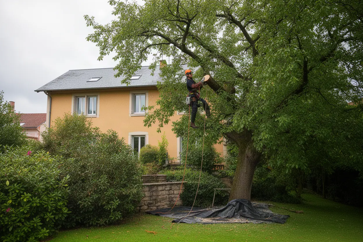 Élagueur taillant un grand chêne dans un jardin à Idron