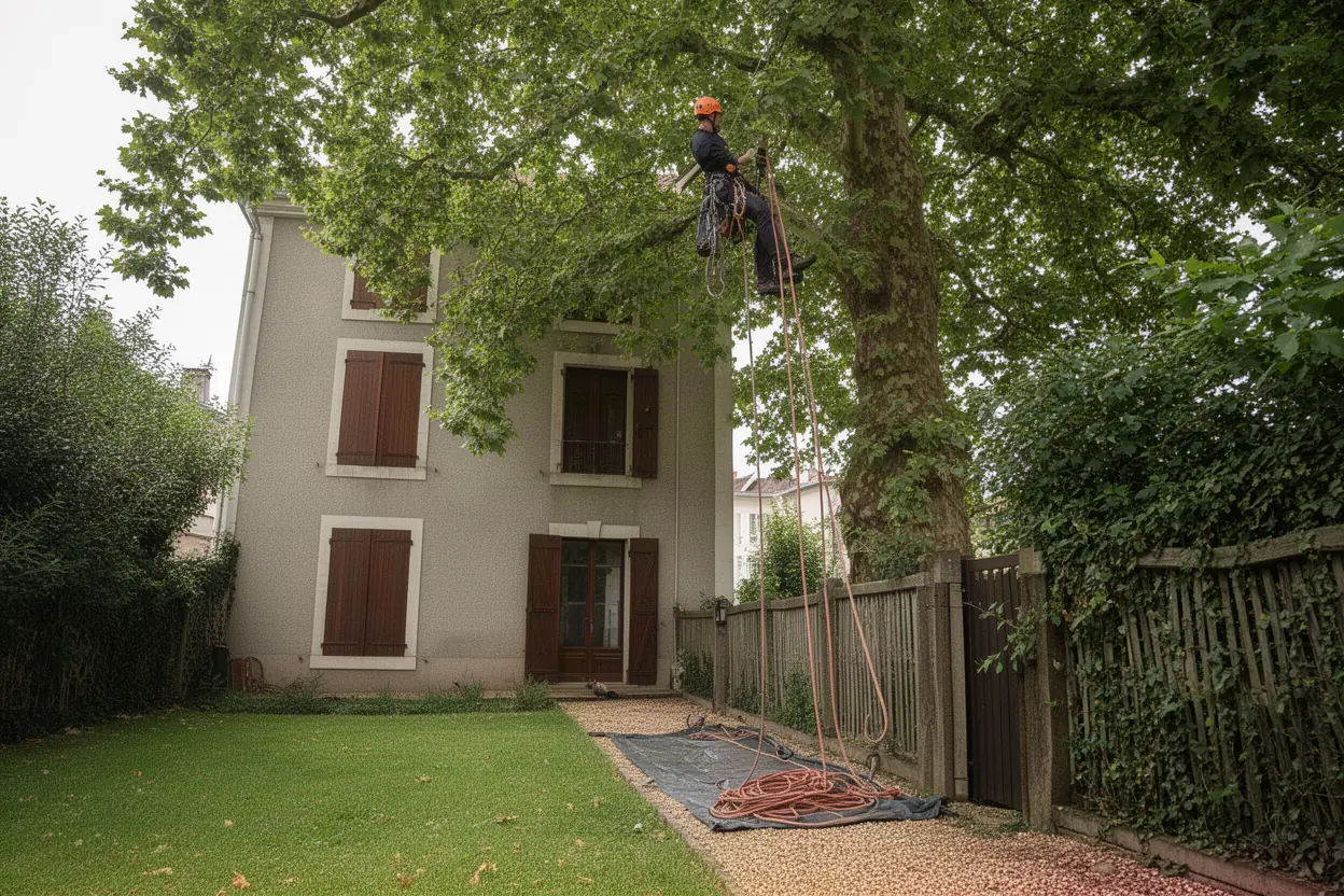 Arboriste grimpeur progressant dans un vieux chêne à Idron