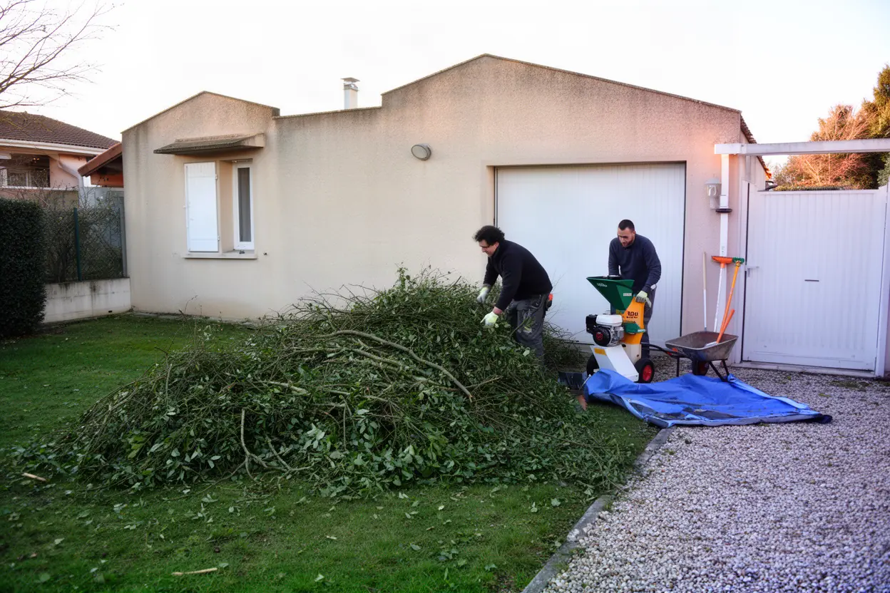 Équipe broyant des branches après élagage dans un jardin idronais